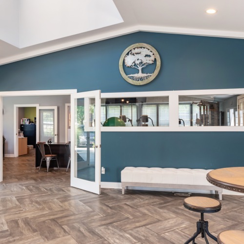 Clubhouse with blue and white walls and seating area
